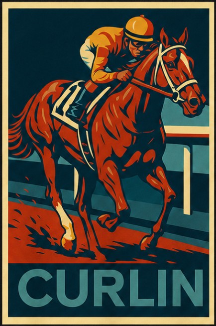 Curlin design artwork — poster-style painting of Curlin and his rider at full gallop along the rail, CURLIN in teal letters below