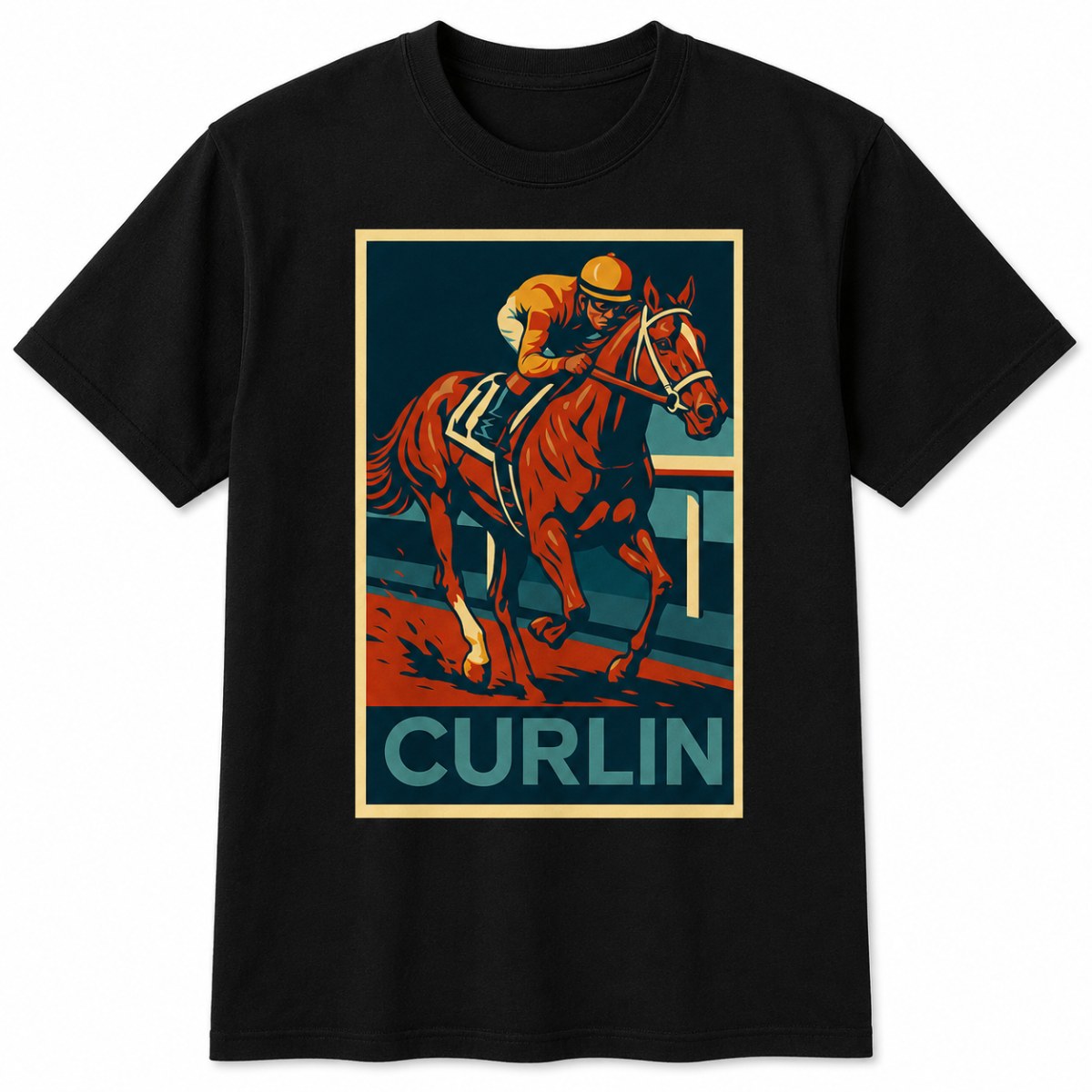 Curlin tee in black, laid out flat — full mock-up photo