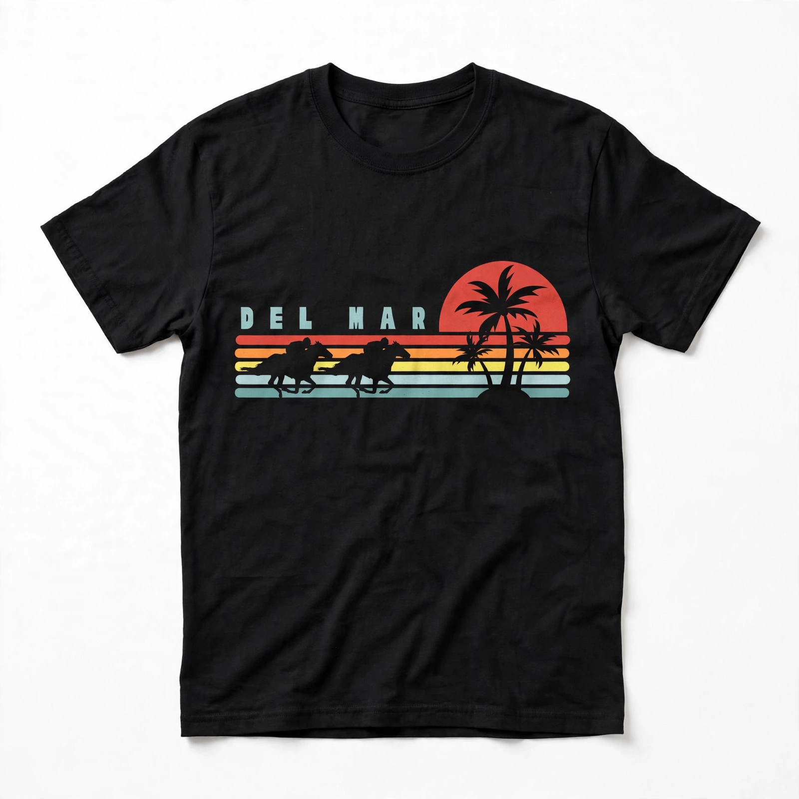 Del Mar — Sunset tee in black, laid flat — full mock-up photo