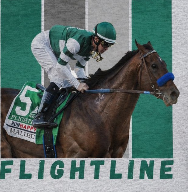 Flightline design artwork — Flightline and his rider at full stretch over green and gray stripes, FLIGHTLINE in green letters below
