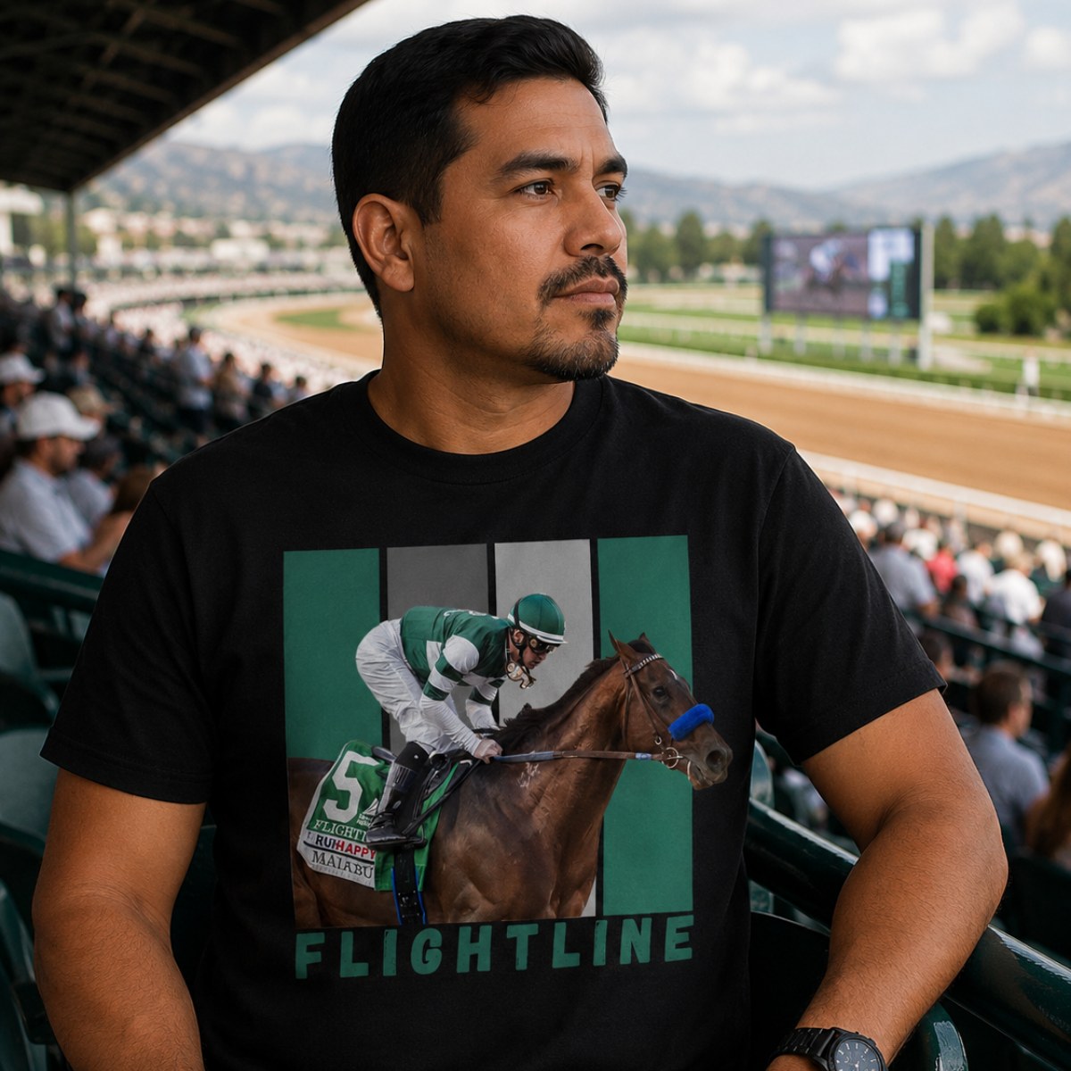 Flightline tee in black, worn in the grandstand — full mock-up photo