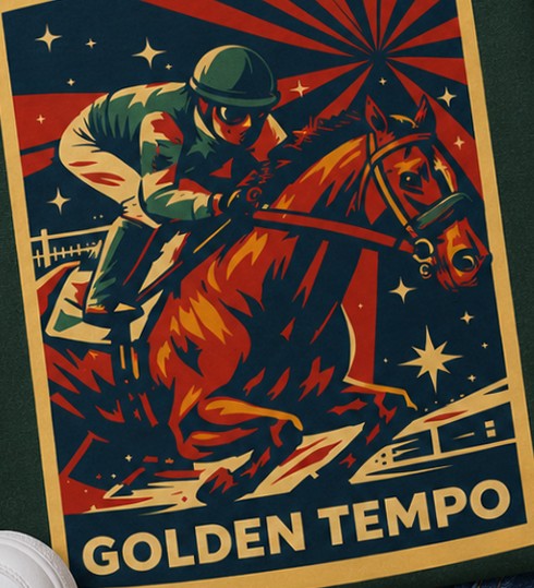 Golden Tempo design artwork — Golden Tempo and his rider in green silks at full gallop against red sunburst rays and stars inside a gold frame, GOLDEN TEMPO in gold letters below