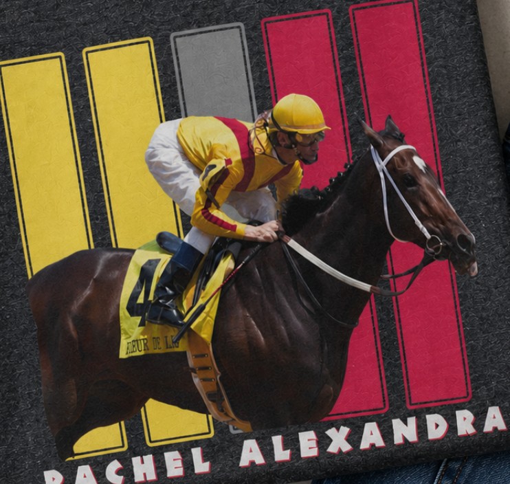 Rachel Alexandra design artwork — Rachel Alexandra and her rider in yellow and red silks at full stretch over tall yellow, gray and red bars, RACHEL ALEXANDRA in white letters below