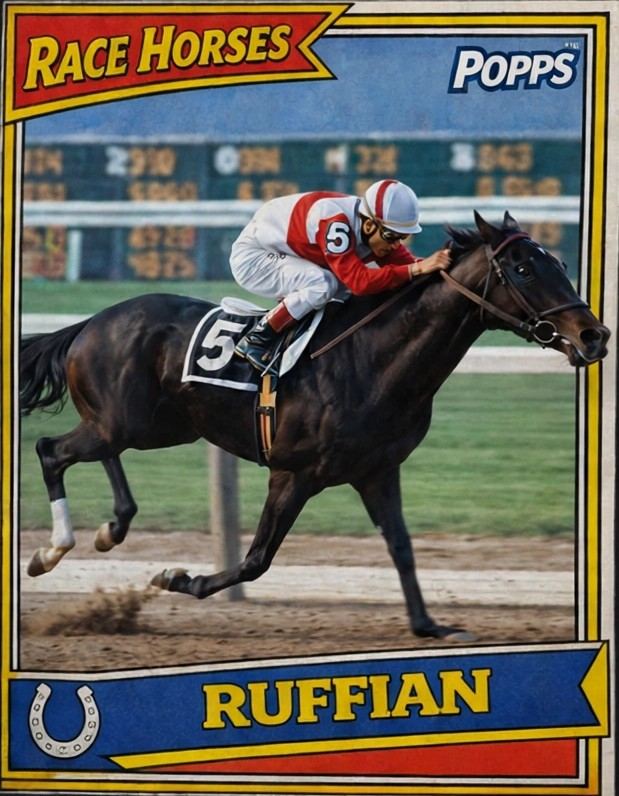 Ruffian design artwork — a vintage Race Horses trading card: Ruffian and her rider in red and white silks at full stretch in front of the tote board, RUFFIAN in yellow letters on the blue banner below