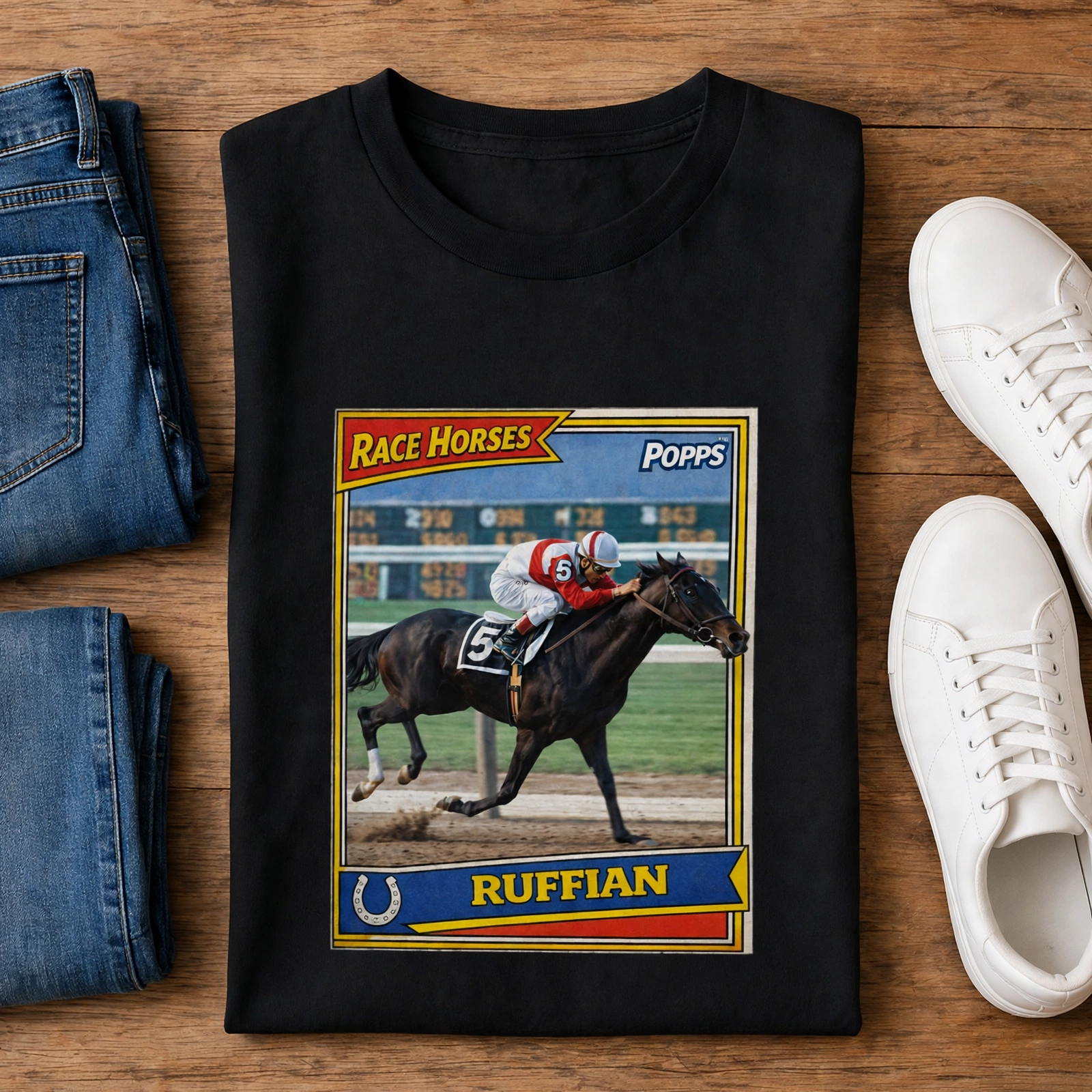 Ruffian tee in black, laid flat — full mock-up photo