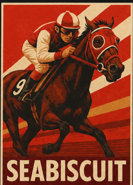 Seabiscuit design artwork — poster-style painting of Seabiscuit and his rider against red sunburst stripes, SEABISCUIT in cream letters below