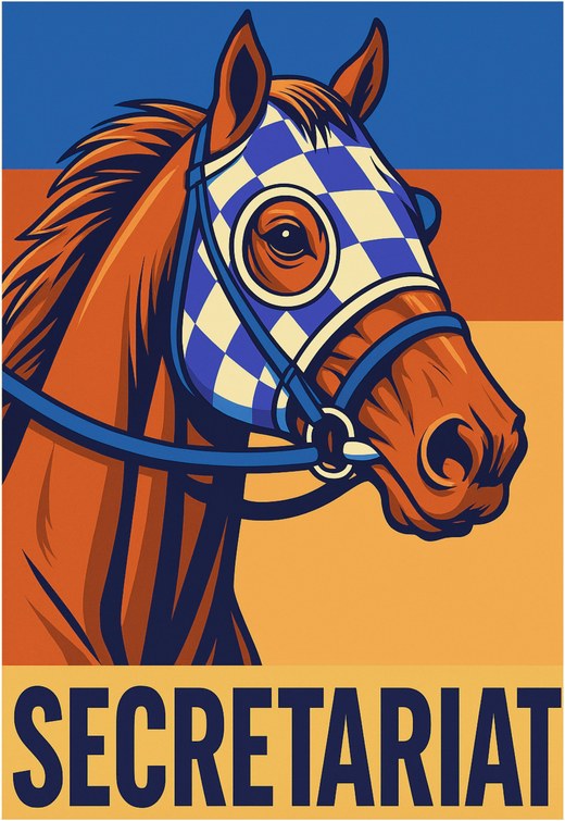 Secretariat design artwork — Big Red in profile wearing Meadow Stable's blue-and-white checked blinkers, over blue, rust, and gold bands