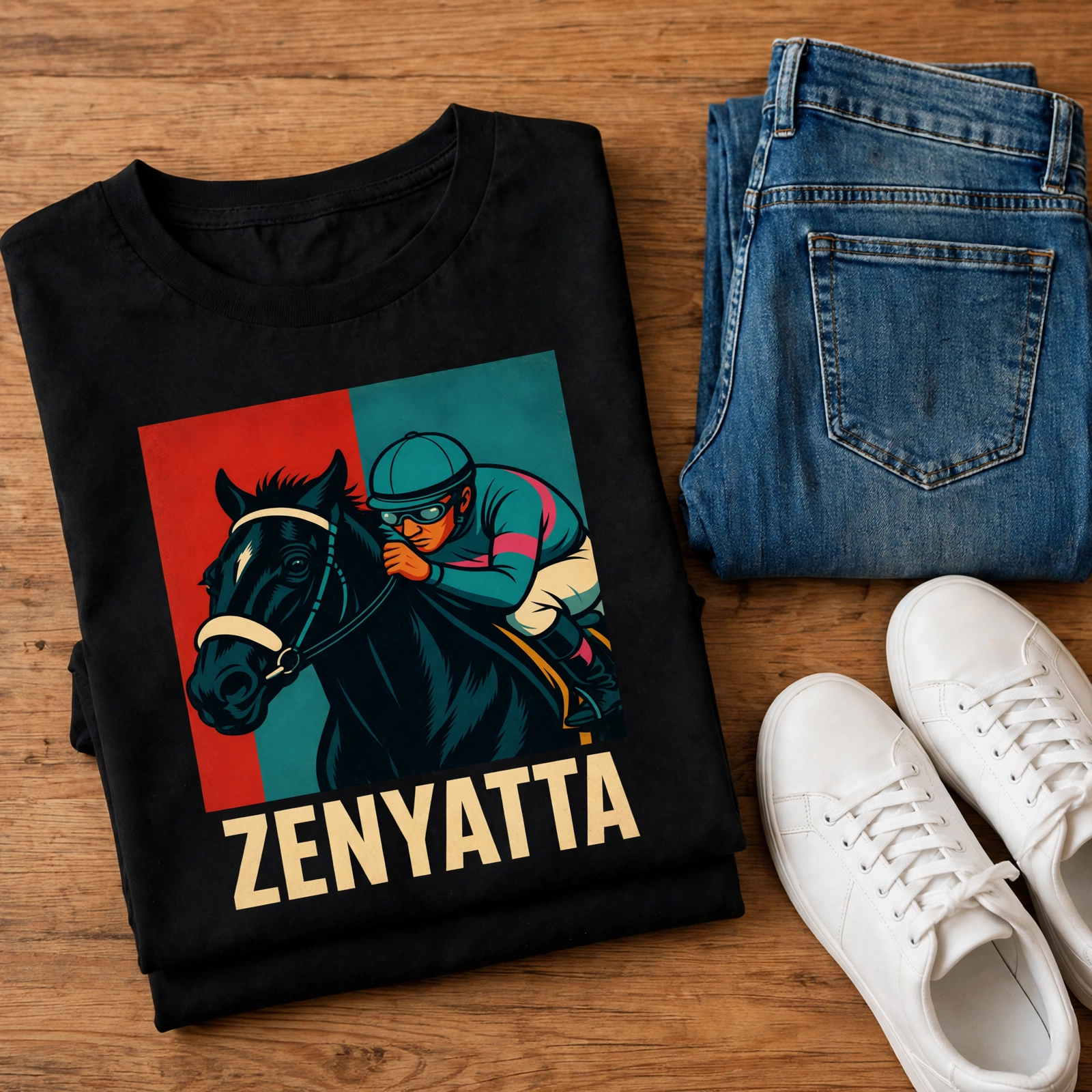 Zenyatta — Big And Bold tee in black, laid flat with jeans and sneakers — full mock-up photo