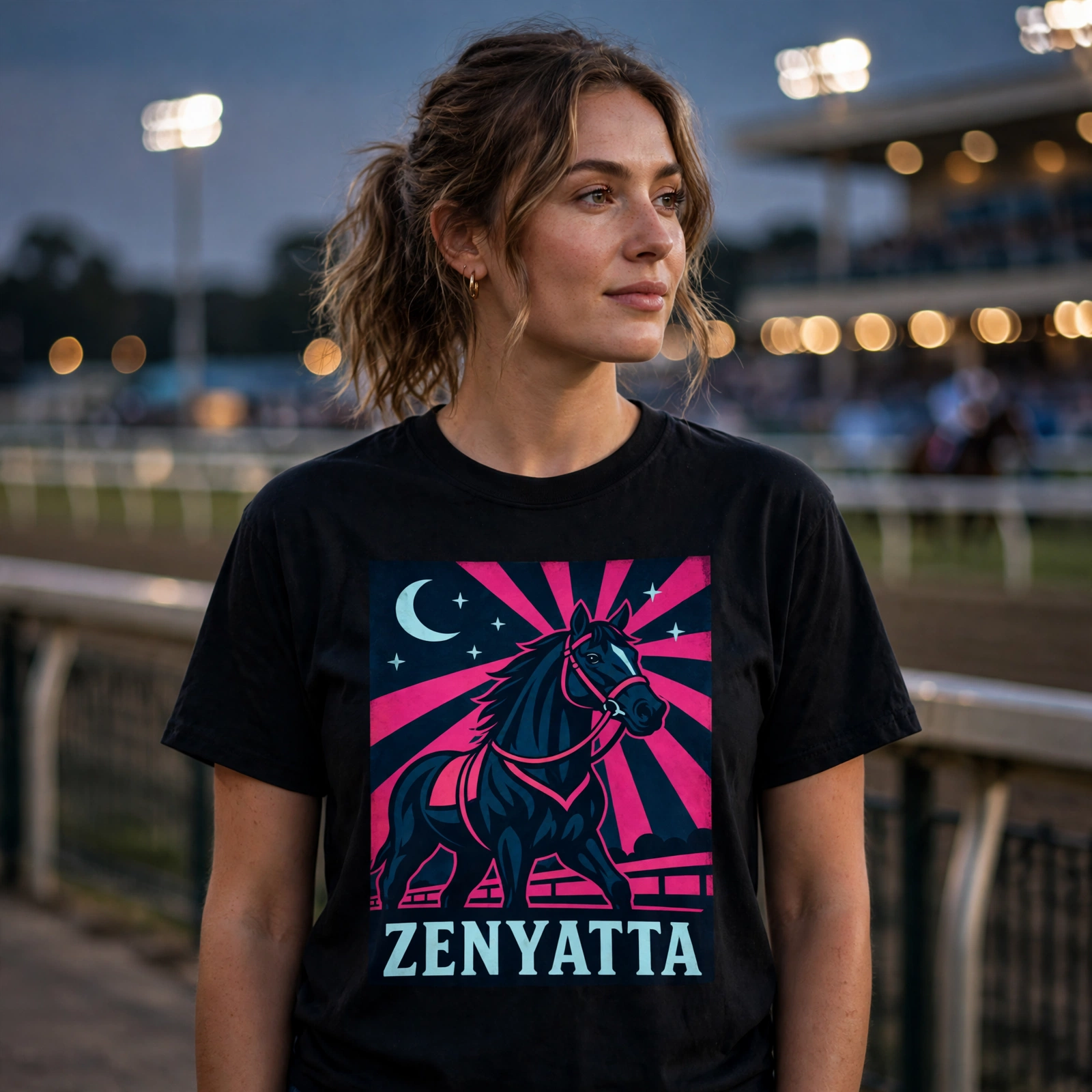Zenyatta — Neon tee in black, worn at the track under the lights — full mock-up photo