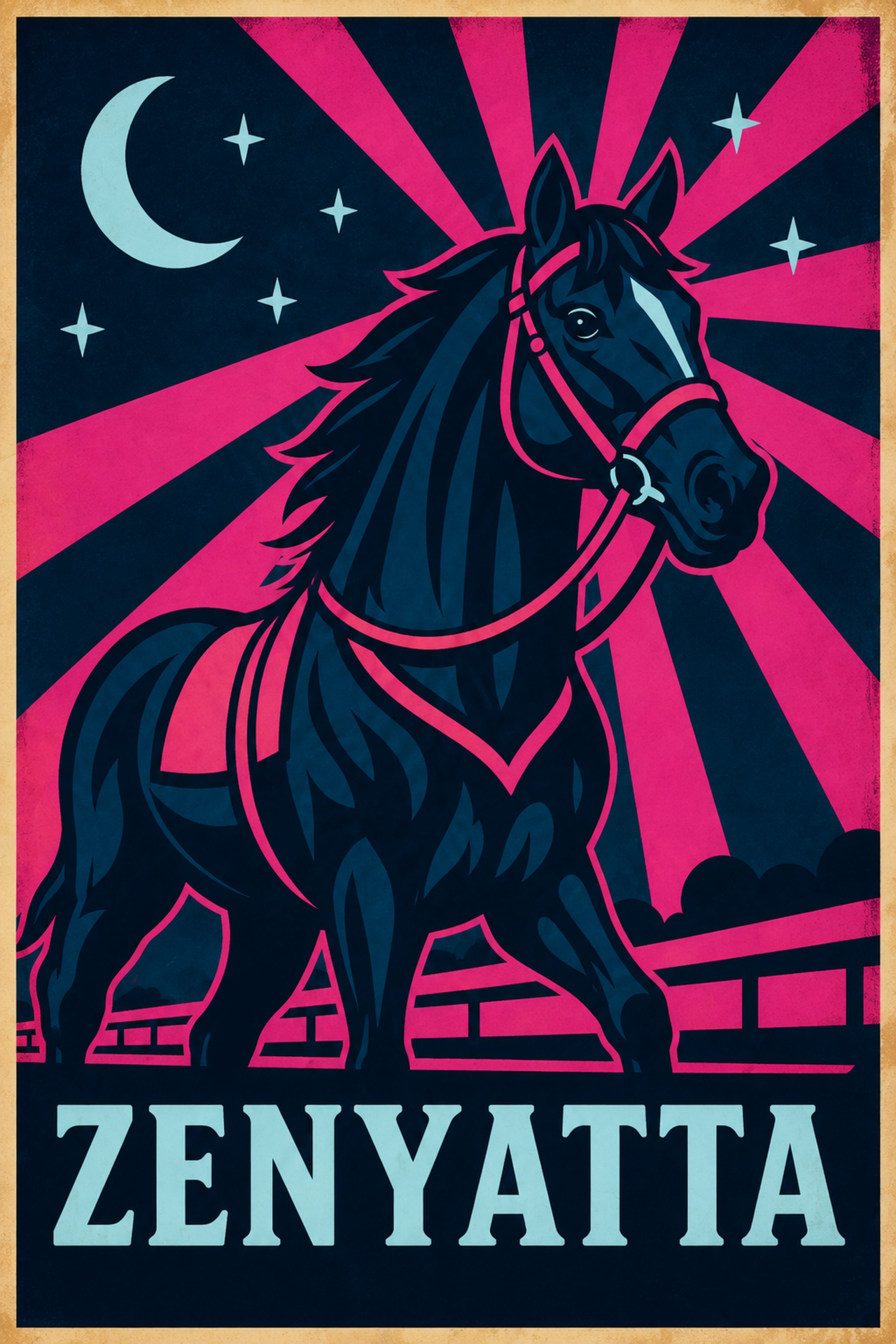 Zenyatta — Neon design artwork — the great mare in neon pink and midnight blue, sunburst rays, a crescent moon and stars behind her, her name in pale letters below