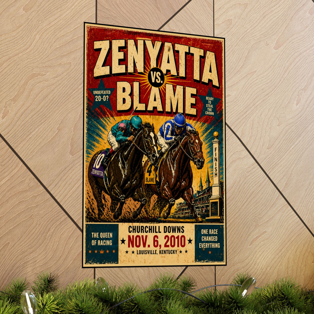Zenyatta Vs. Blame Matte Vertical Poster — Vintage Horse Racing Print