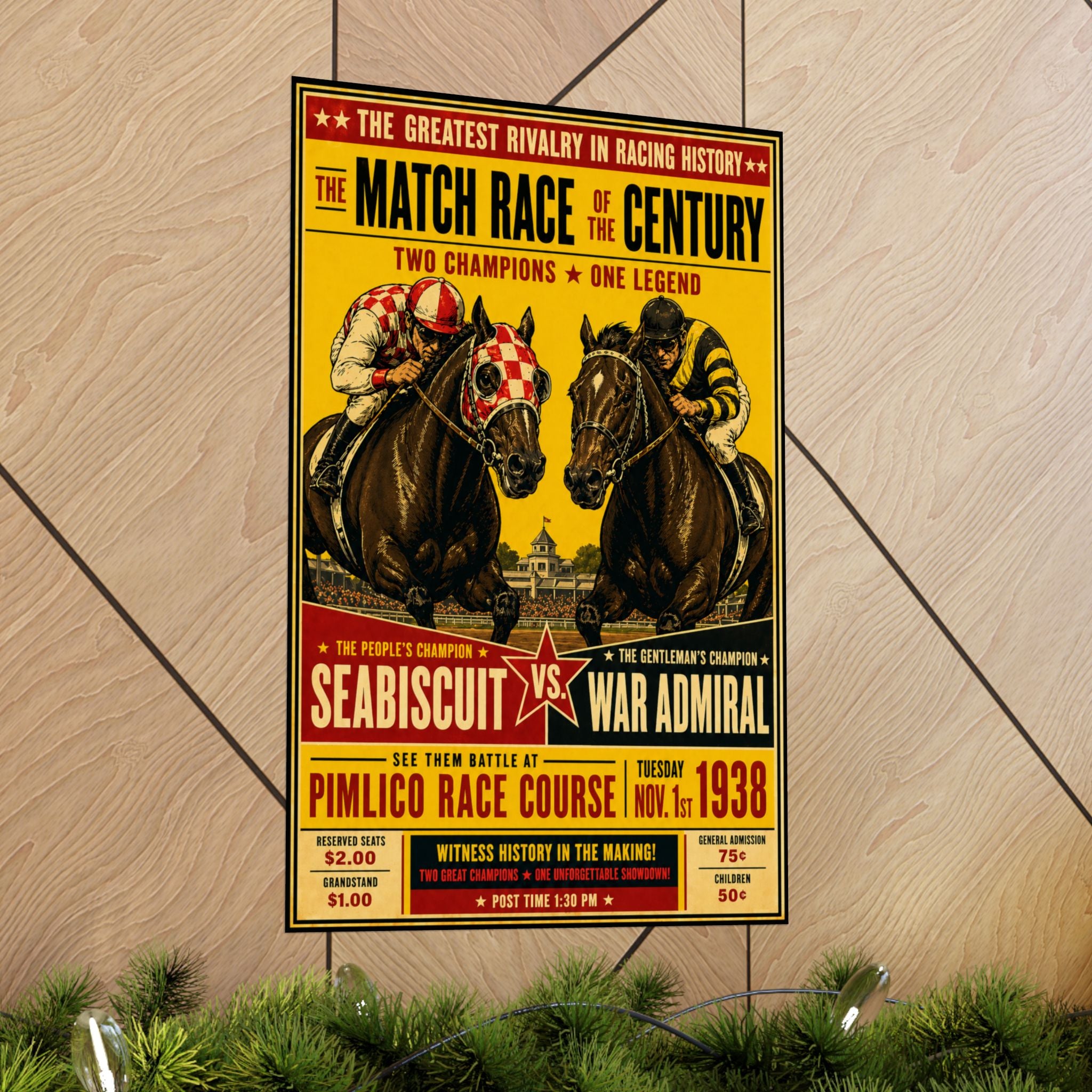 Seabiscuit vs. War Admiral Matchrace Matte Vertical Poster — Vintage Horse Racing Print