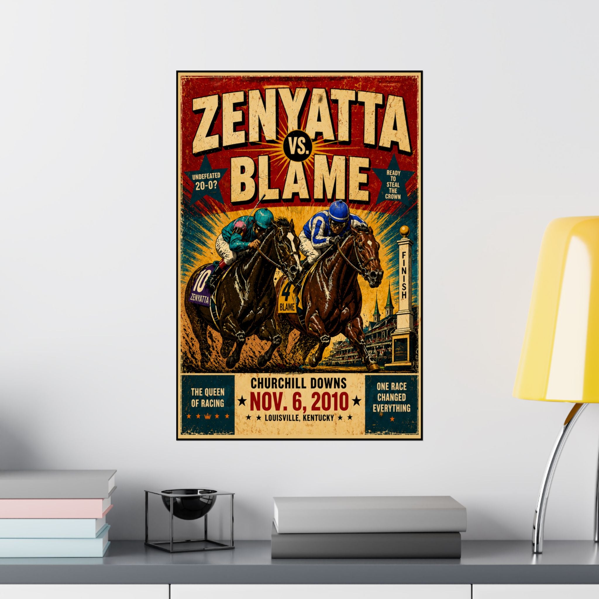 Zenyatta Vs. Blame Matte Vertical Poster — Vintage Horse Racing Print