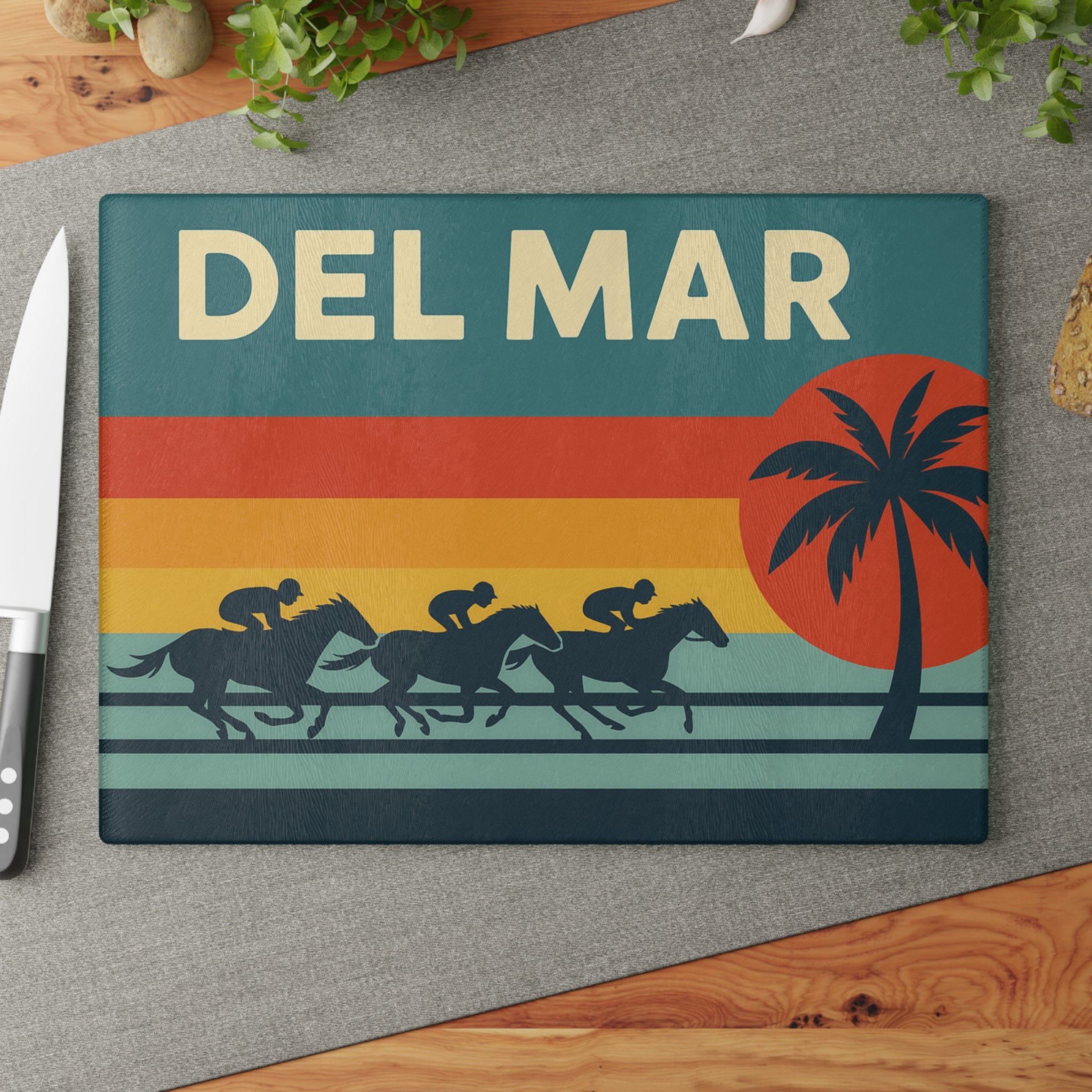 Del Mar Retro Horse Racing Glass Cutting Board