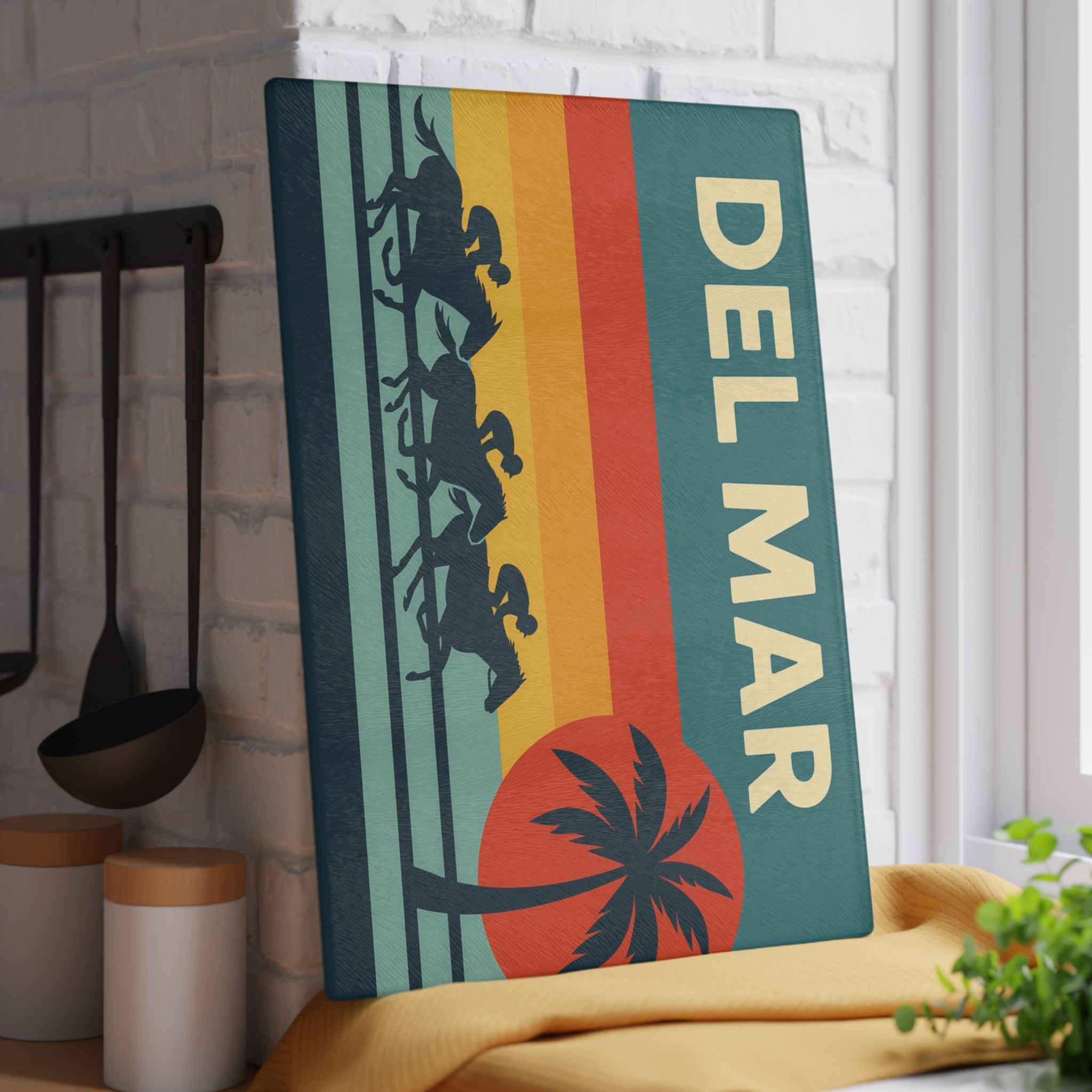 Del Mar Retro Horse Racing Glass Cutting Board