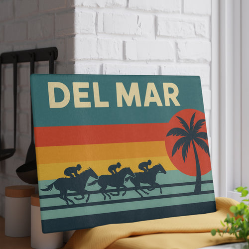 Del Mar Retro Horse Racing Glass Cutting Board — Vintage Palm Sunset Kitchen Decor