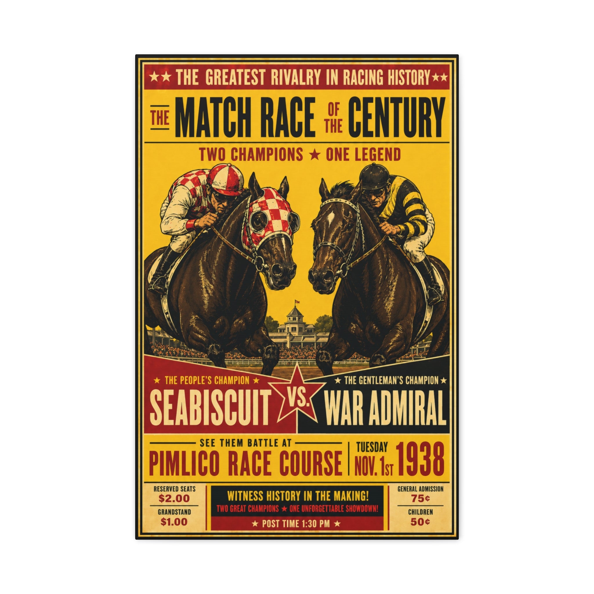 Seabiscuit vs War Admiral Match Race Matte Canvas Print — Vintage Horse Racing Poster