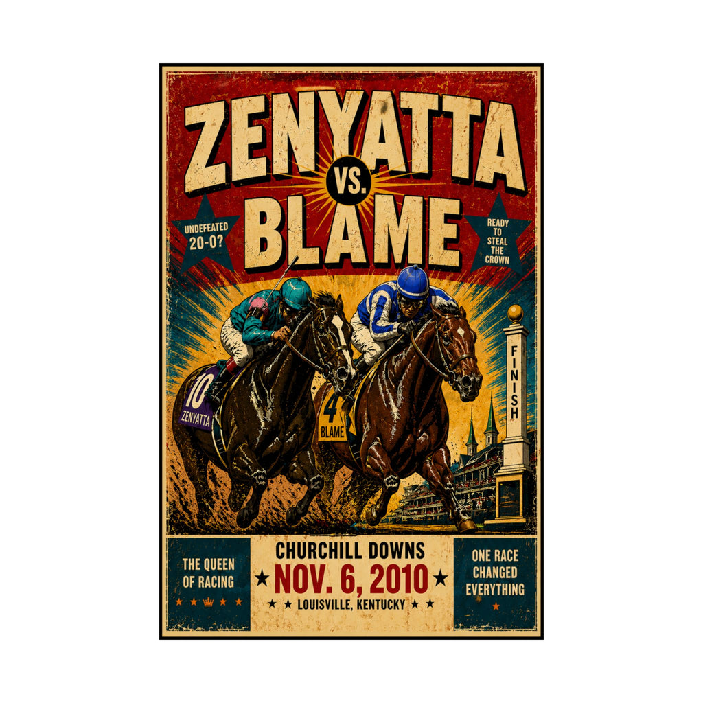 Zenyatta Vs. Blame Matte Vertical Poster — Vintage Horse Racing Print