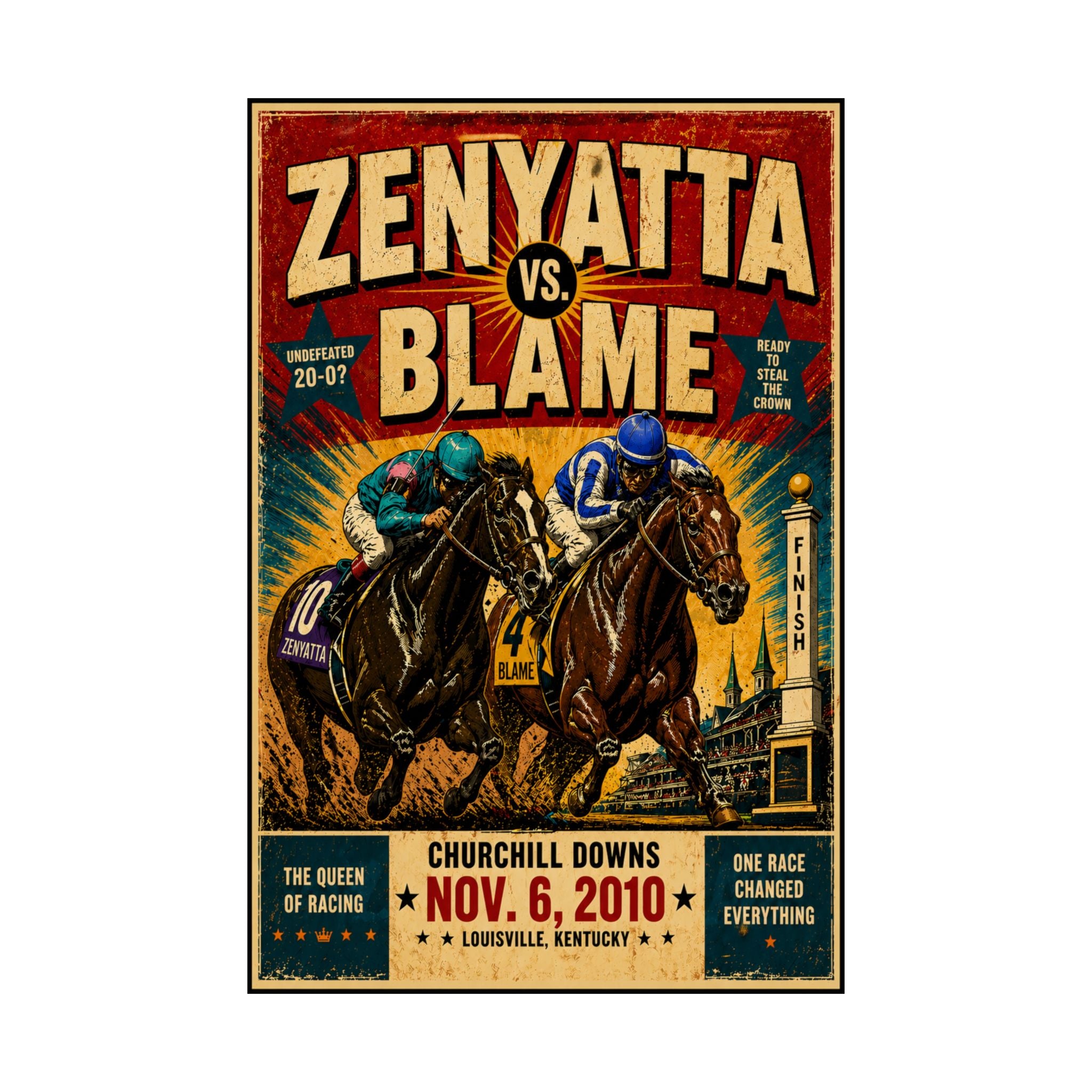 Zenyatta Vs. Blame Matte Vertical Poster — Vintage Horse Racing Print